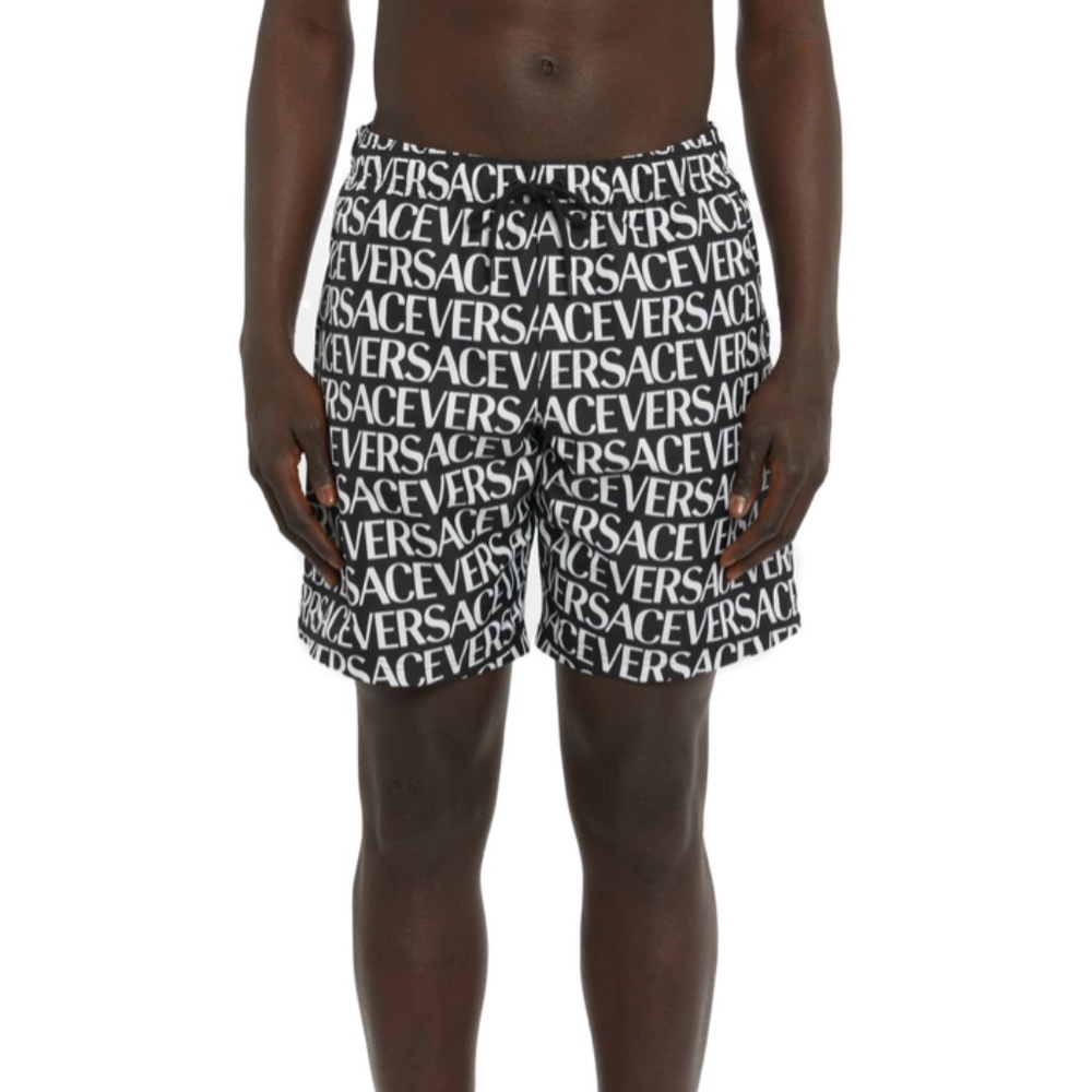 Versace Logo Printed Drawstring Swim Shorts Trunks Mens Black White IT 6 NWT
